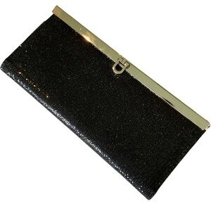 New Dressy Clutch Bag Wallet Black Sparkle Gold Trim Lock ID Credit Cards NEW